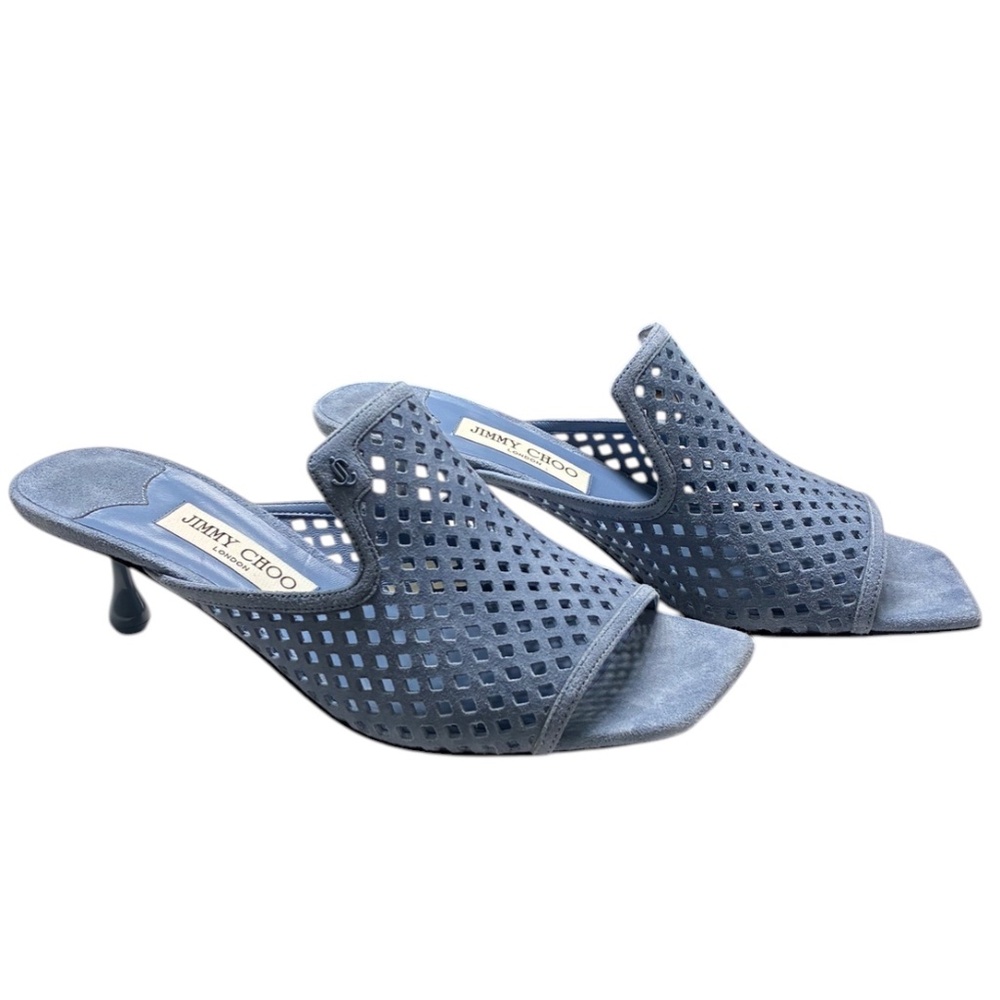 Jimmy Choo Ander 50 Denim Perforated Suede Mule Heels 39.5 w/ Box